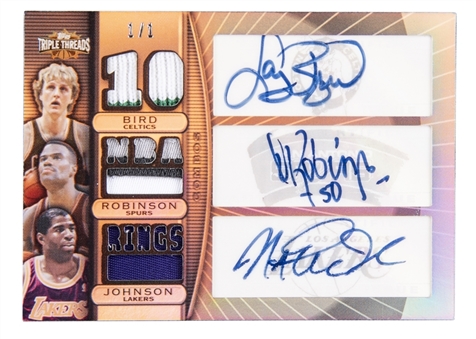 2008 Topps Triple Threads #TTCAR-3 Larry Bird, David Robinson and Magic Johnson Triple-Signed Relic Card (#1/1)